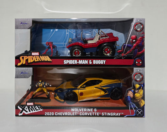 Jada Toys Marvel Die-Cast duo — Spider-Man & Buggy + Wolverine & 2020 Chevy Corvette Stingray