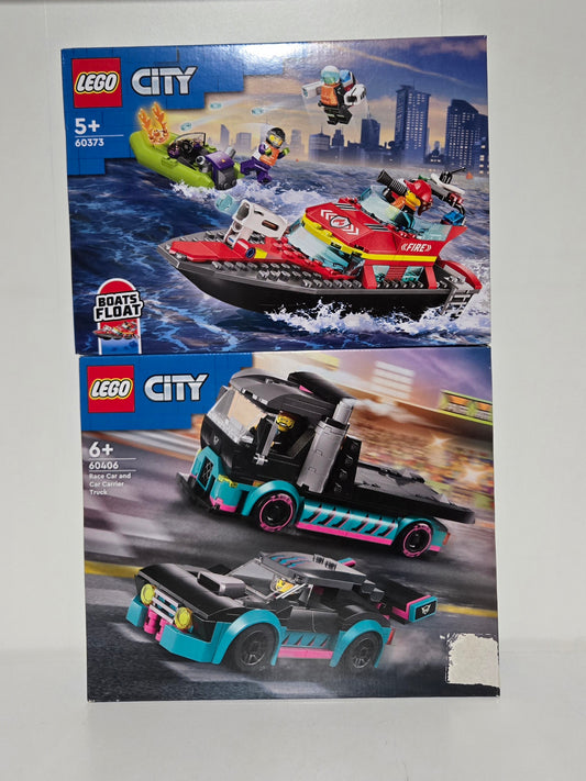 LEGO City Fire Rescue Boat (60373) & Race Car and Car Carrier Truck (60406) duo