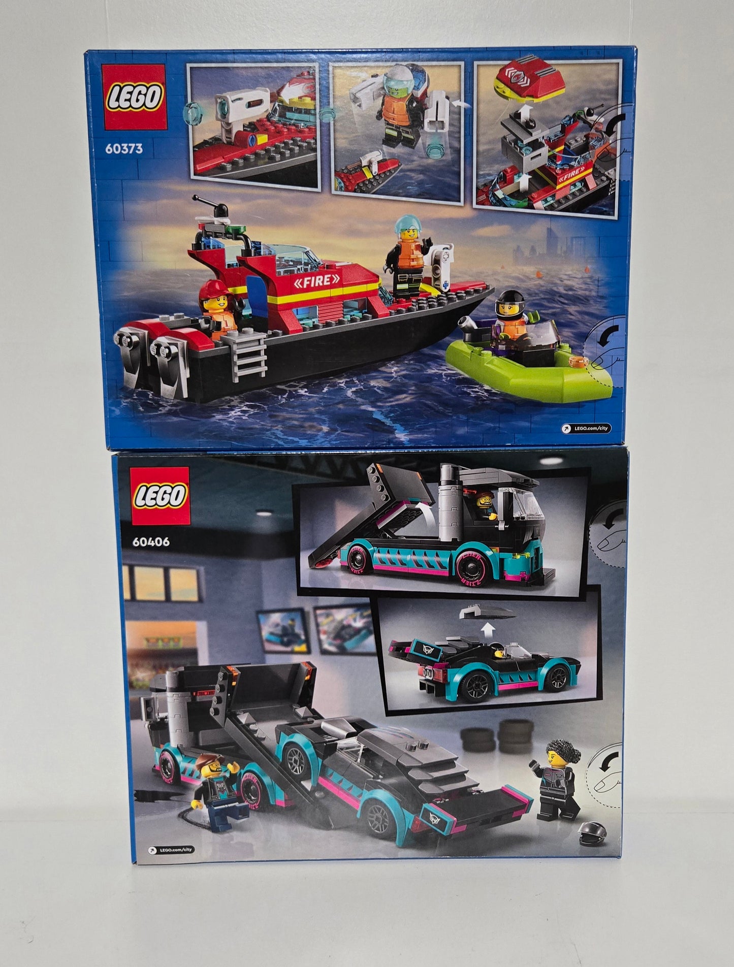 LEGO City Fire Rescue Boat (60373) & Race Car and Car Carrier Truck (60406) duo